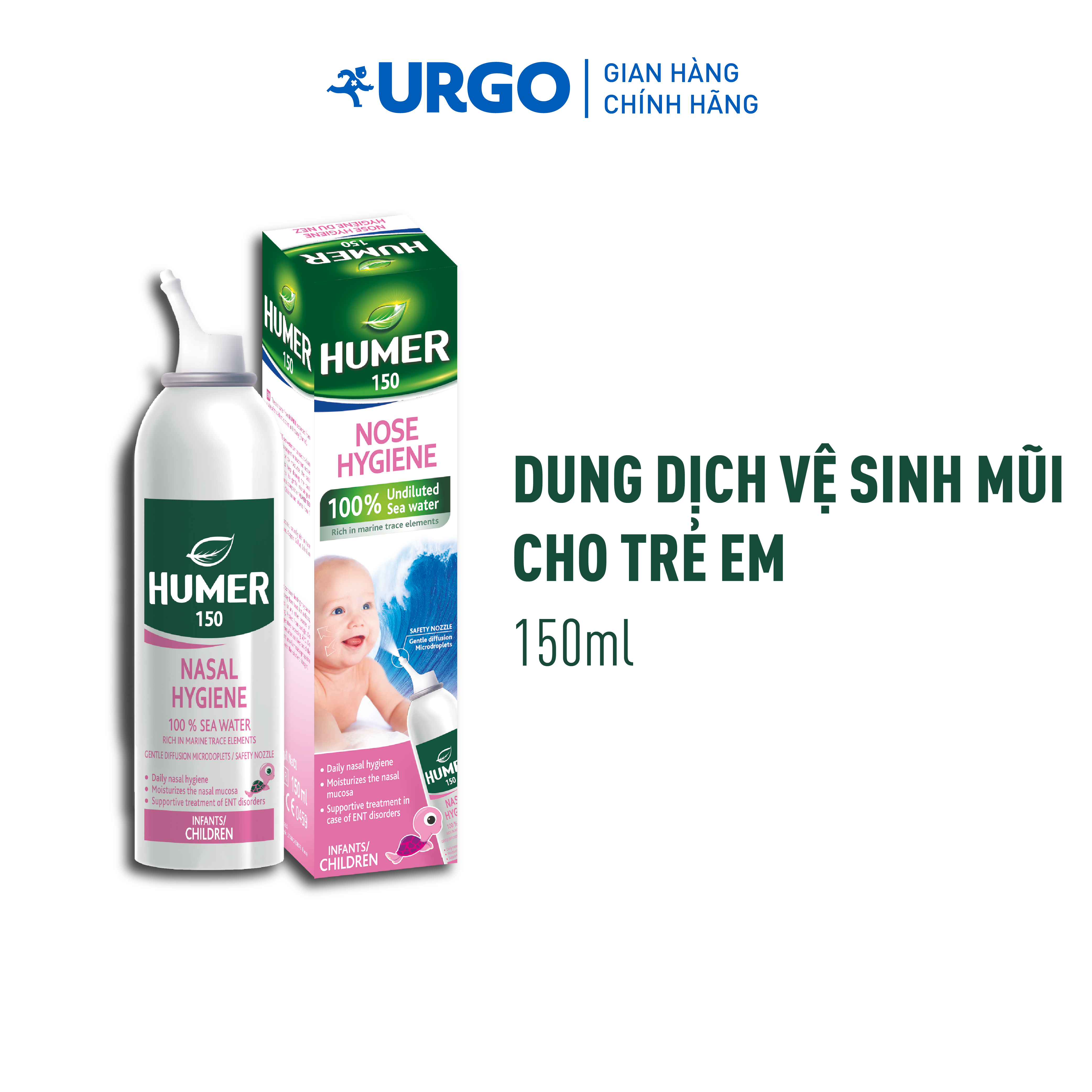 Humer - Dung dịch xịt vệ sinh mũi dùng cho Trẻ sơ sinh/Trẻ em - 100% nước biển - 150ml