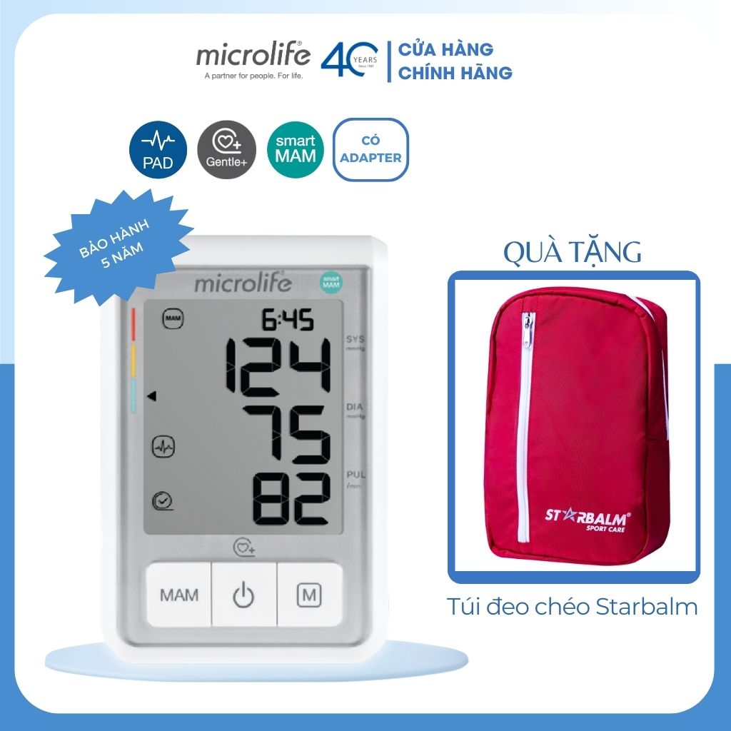Máy đo huyết áp điện tử bắp tay microlife b3 basic, đo huyết áp, nhịp tim, công nghệ smartmam thế hệ 4g, bảo hành 5 năm