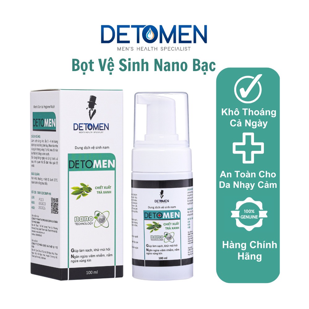 Dung dịch vệ sinh nam Detomen nano Bạc ngăn ngừa hạt ngọc kháng khuẩn hương bạc hà 100ml
