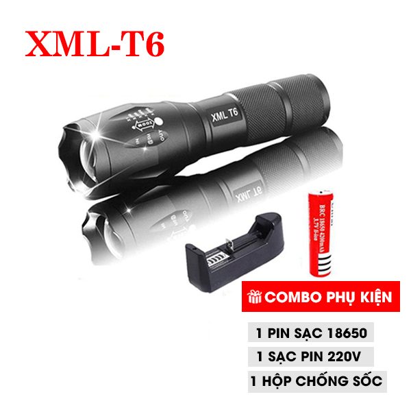Đèn Pin Siêu Sáng Cao Cấp T6 Hợp Kim Chống Nước Pin Có Thể Sạc Lại Full box Cự Ly Chiếu Cực Xa + Tặng Kèm Pin Sạc Cốc Sạc