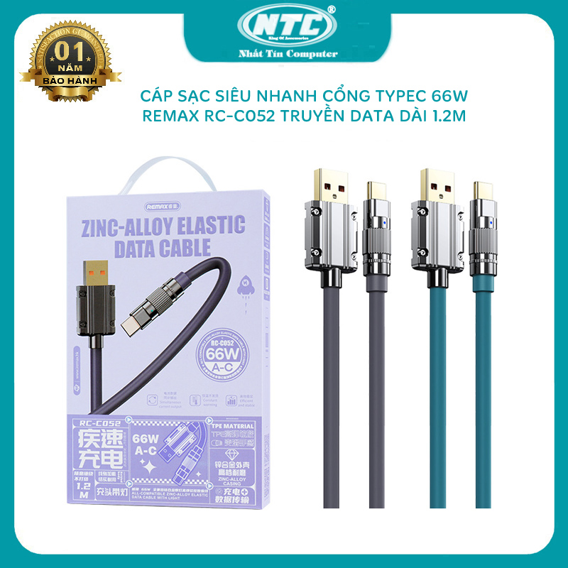 Cáp sạc siêu nhanh typeC Remax RC-C052 hỗ trợ 66W có led báo sạc - dây dài 1.2m  Nhất Tín Computer