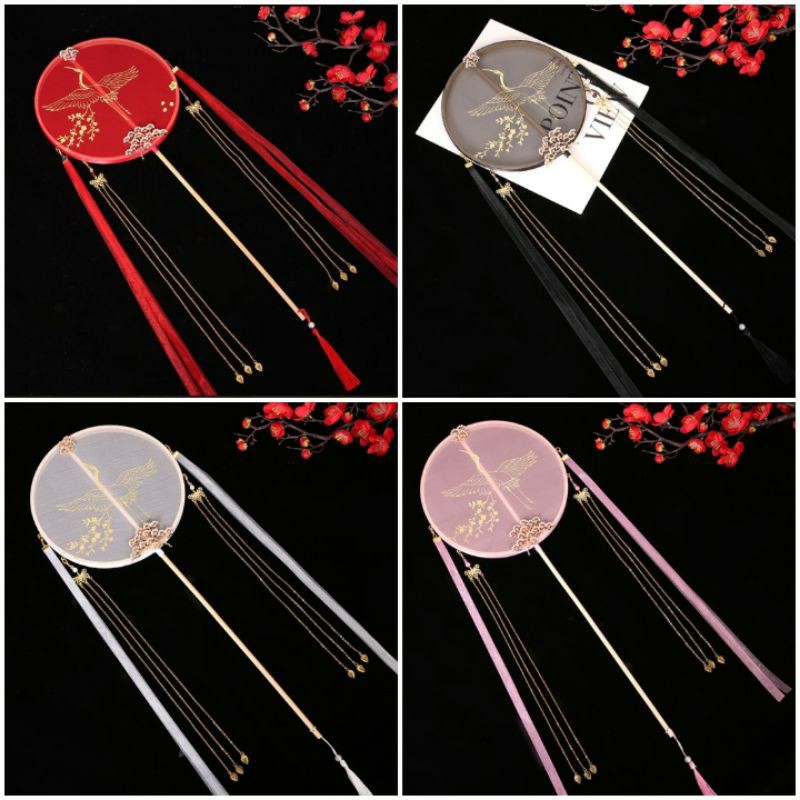Quạt tròn cổ trang cổ phong hình Tiên Vân Hạc cán dài 6 lỗ treo