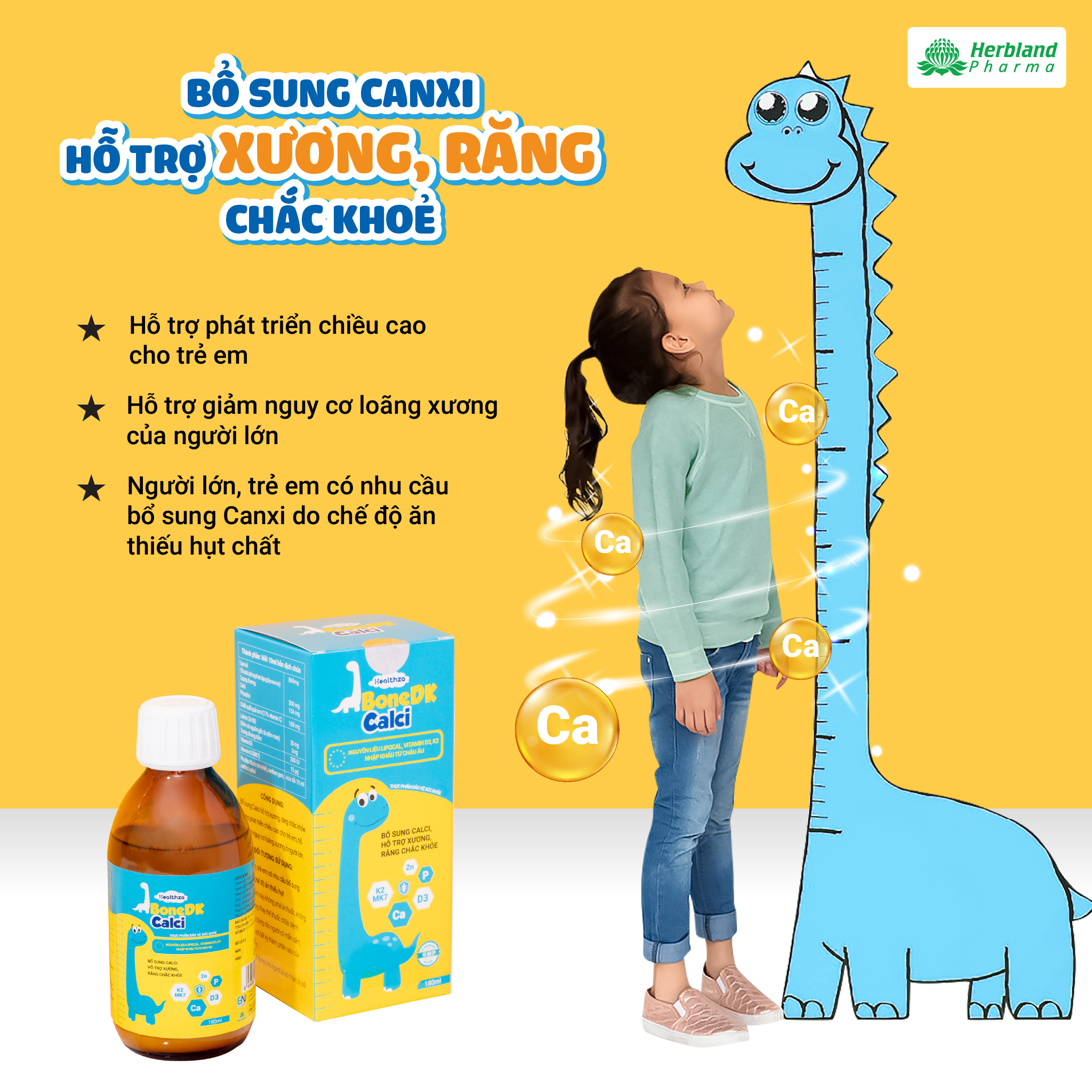 Healthza bonedk calci bổ sung canxi, vitamin d3&k2 cho trẻ hộp 1 lọ/180ml