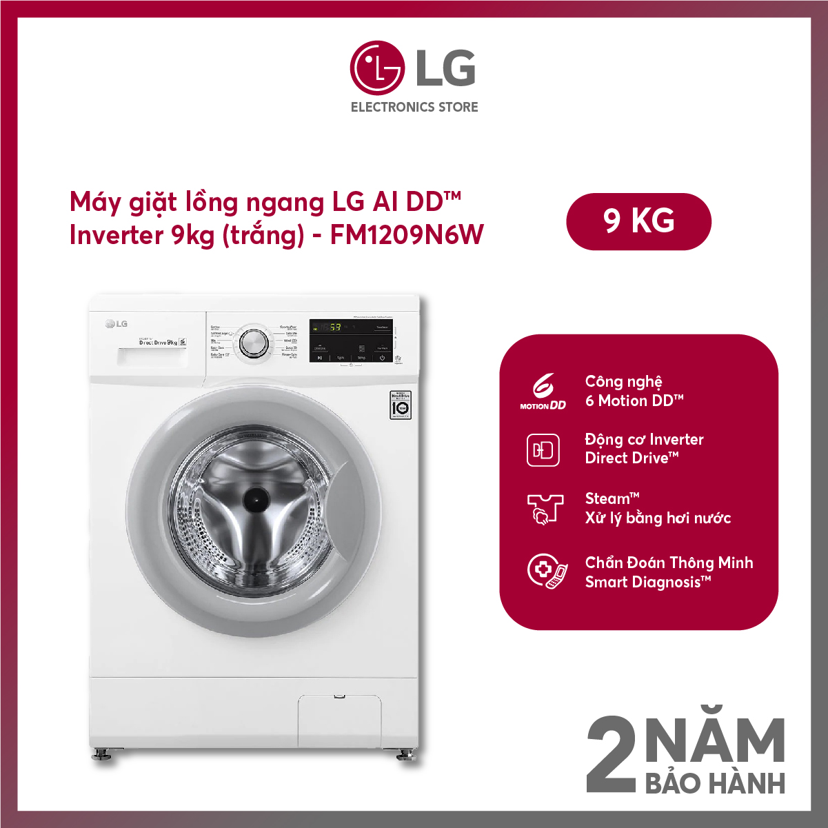 [FreeSHIP COD + Lắp Hà Nội] Máy giặt LG Inverter 9 kg FM1209N6W