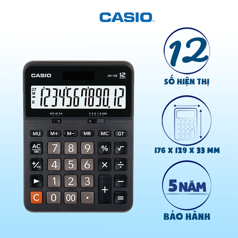 Máy Tính Casio DX-12B chính hãng, hiển thị 12 số, nhỏ gọn tiện lợi