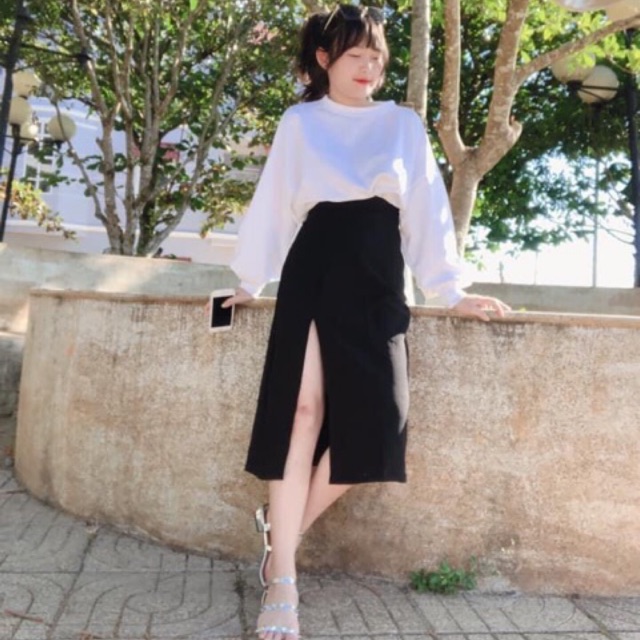 🔥set váy xẻ tà + croptop tay dài trơn