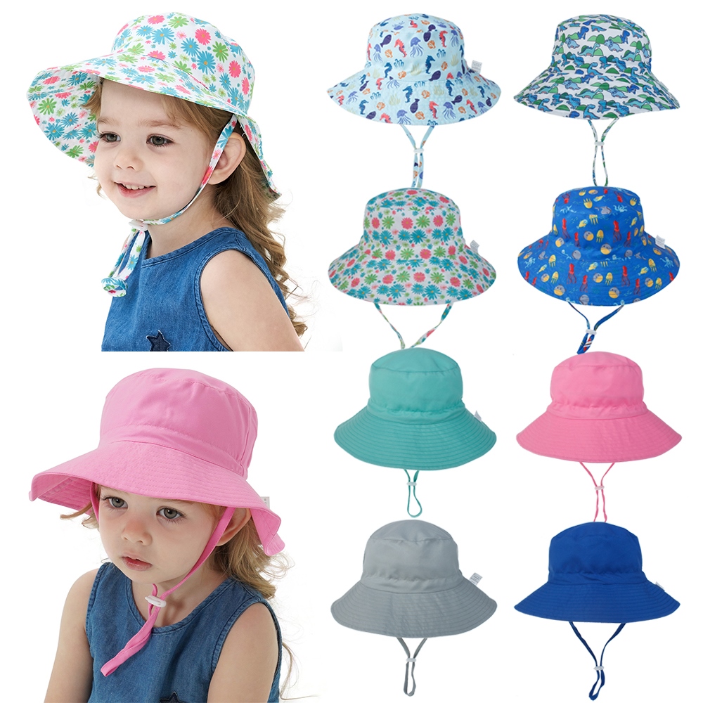CC Baby Hat with Adjustable Chin Strap Wide Brim Bucket Cap Swimming Hats