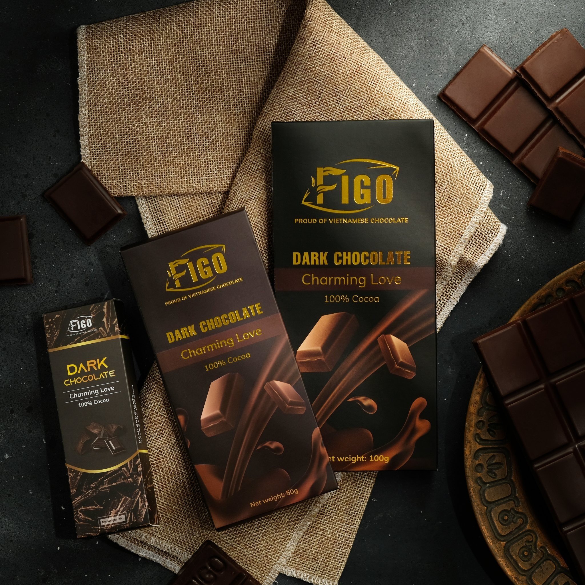 Socola đen nguyên chất không đường dòng Charming love 50g Figo - Vietnamese Chocolate