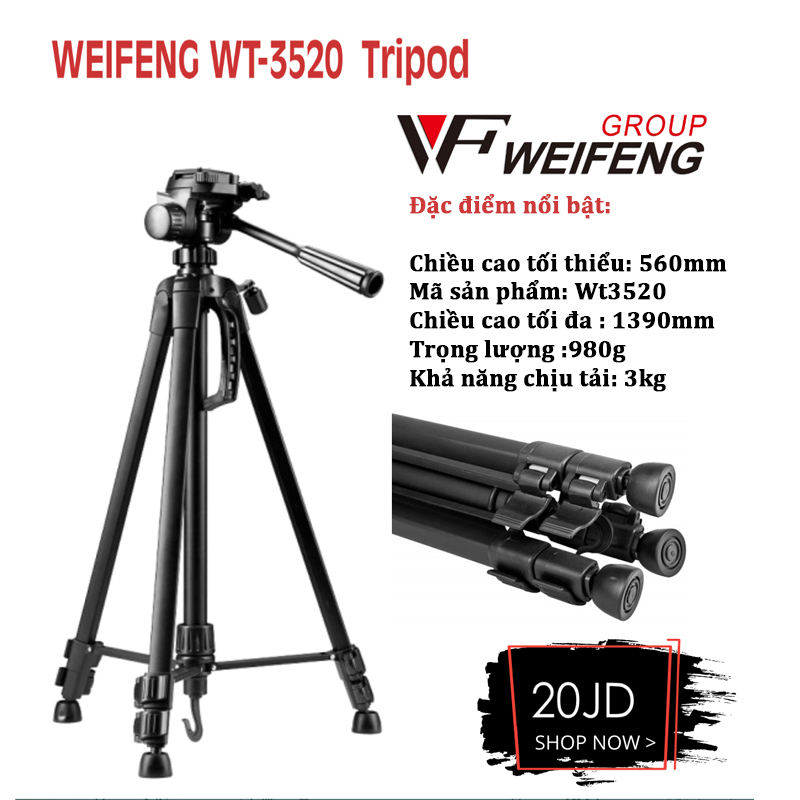 Chân máy ảnh Tripod Weifeng WT-3520 khung nhôm cao cấp có tay xách và túi đeo. Tặng kẹp điện thoại tiện lợi
