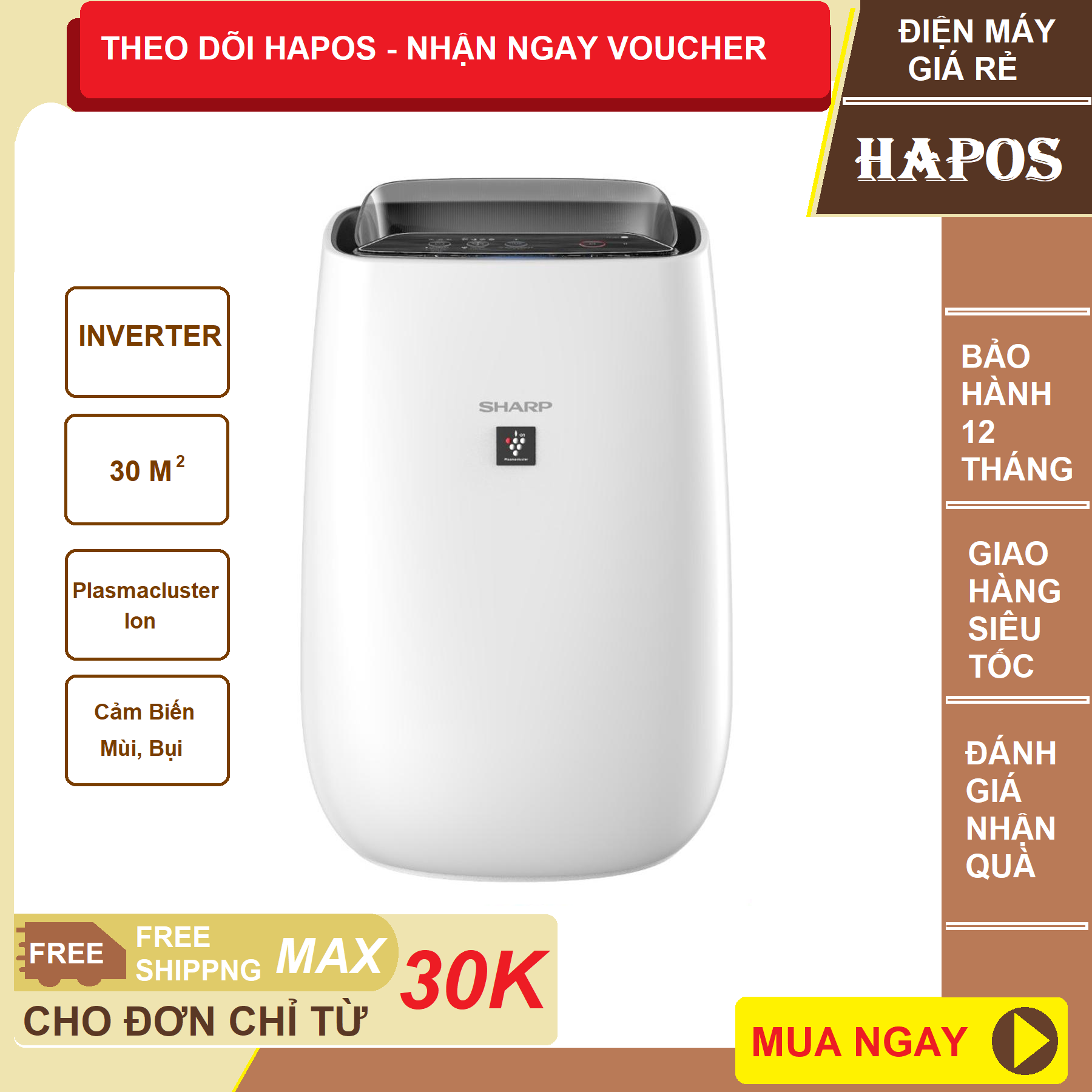 Máy Lọc Không Khí Sharp FP-J40E-W diệt khuẩn ion plasmacluster khử mùi dt 30m²