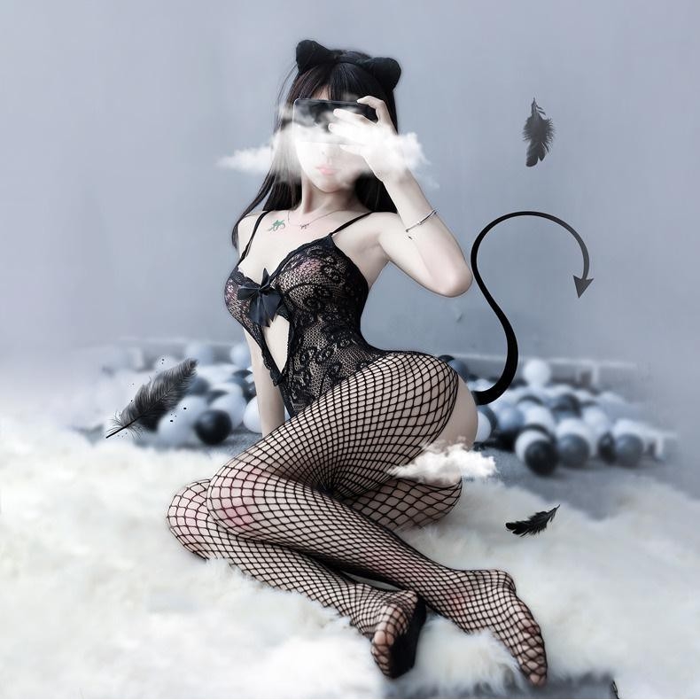 Bộ đồ ngủ cosplay miêu nữ gợi cảm - nội y gợi cảm tạo ham muốn xuyên thấu, bodystocking bodysuit