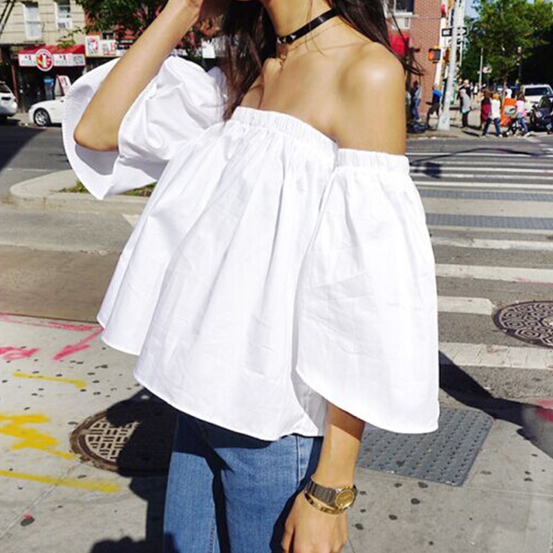 Europe and the United States sexy off-the-shoulder horn sleeve blouse loose shirt show thin joker female xia a word