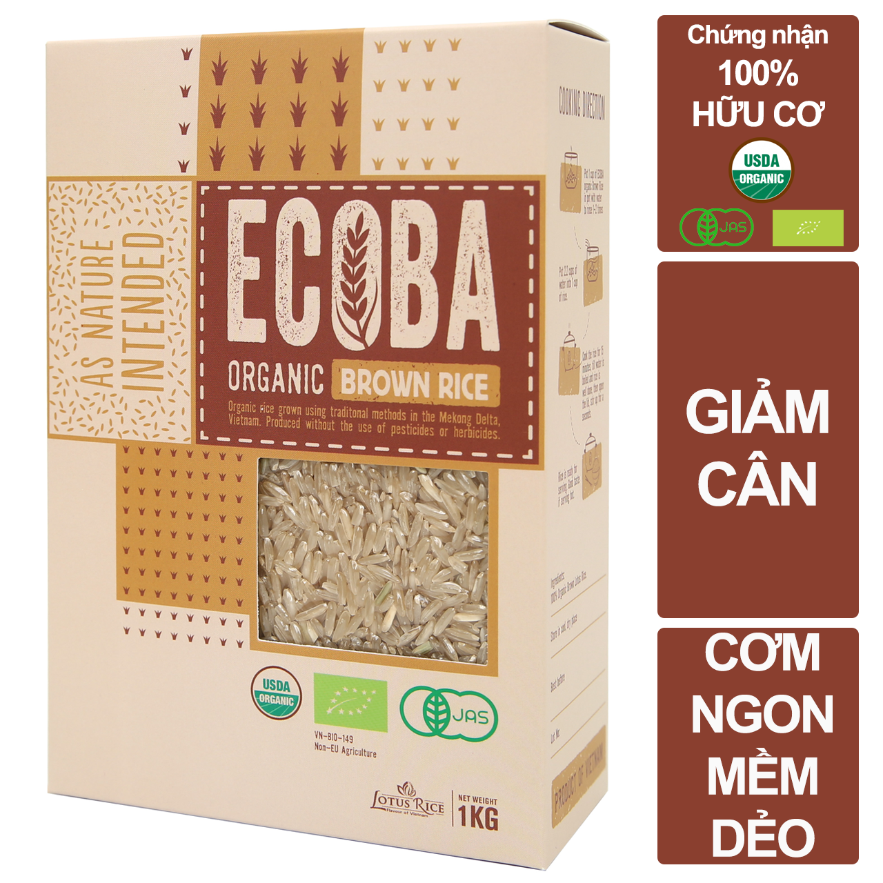 Gạo lứt nâu giảm cân 100% hữu cơ - ECOBA Kim Mễ 1kg - Cơm ngon mềm dẻo - Đạt chứng nhận hữu cơ quốc tế in trên hộp
