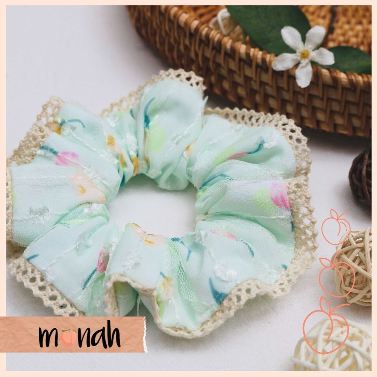 Dây cột tóc buộc tóc scrunchie xanh bạc hà mint phối ren mát mẻ năng động