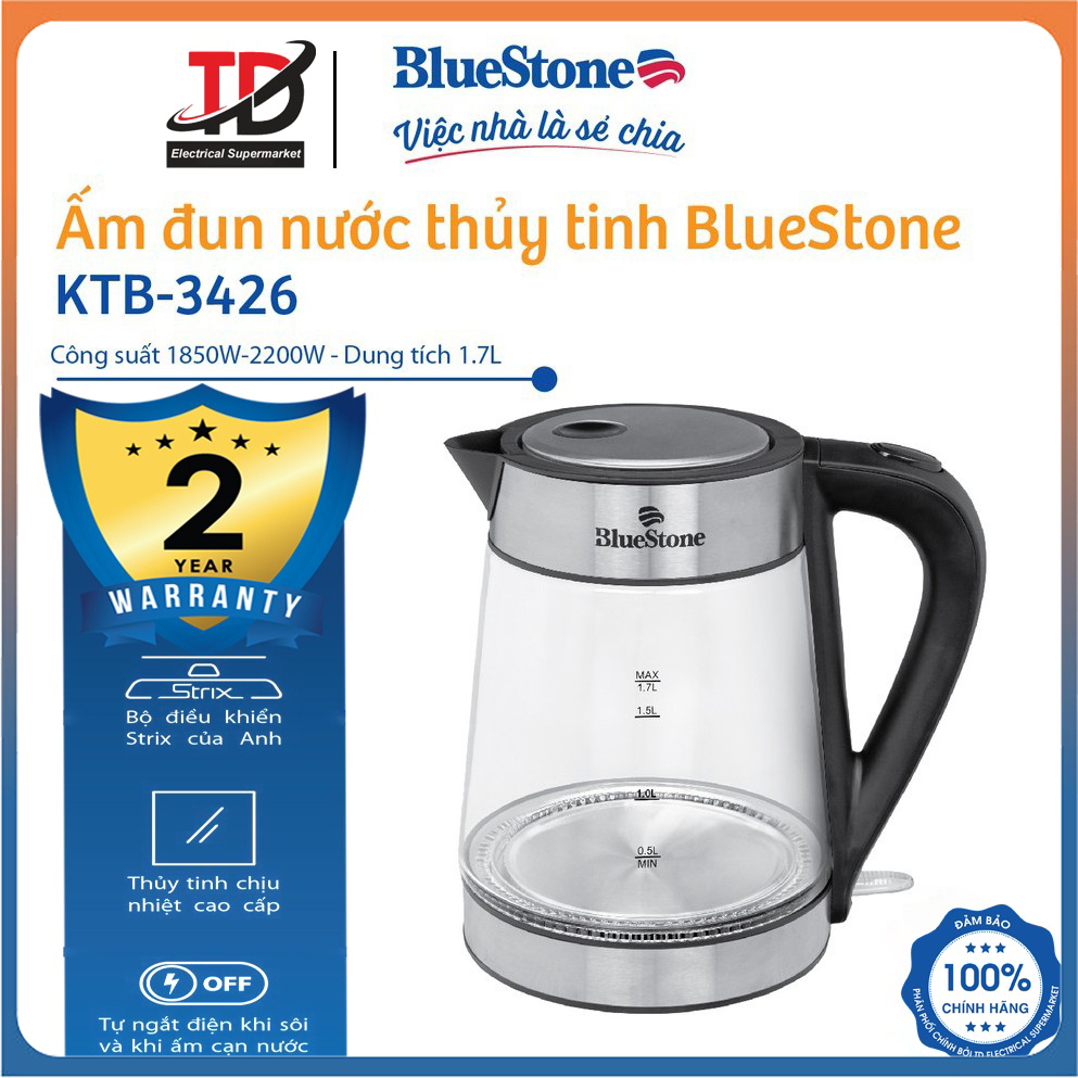 Ấm Đun Siêu Tốc Bluestone 1.7 lít KTB-3426, Công Suất 2150W , Bình Thủy Tinh Cao Cấp , Bảo Hành Chính Hãng 2 Năm