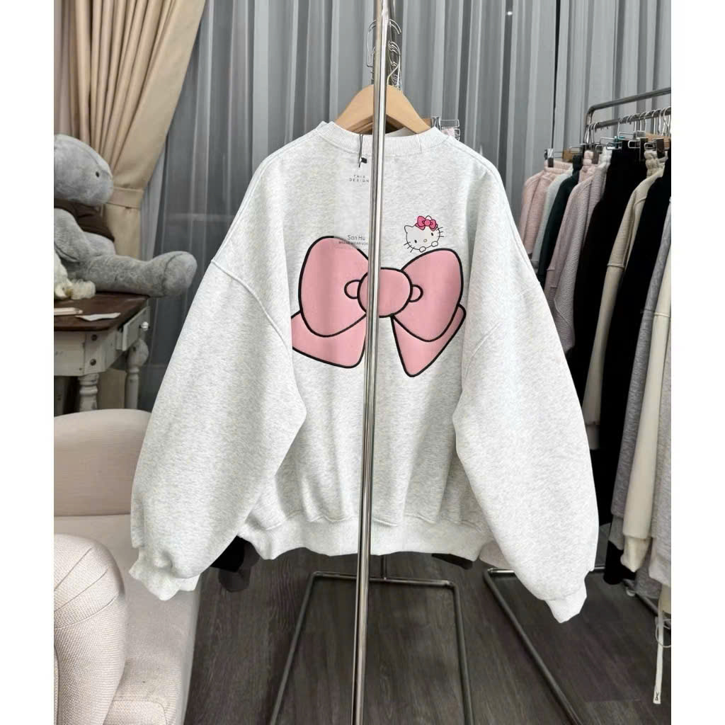 ÁO SWEARTER NỮ HOODIE KHÔNG NÓN PHỐI HÌNH NƠ 2 MÀU XÁM ĐEN SIÊU XINH THU ĐÔNG