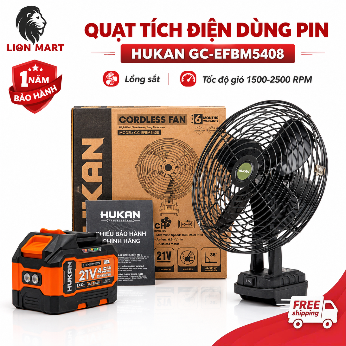Hukan Gc-Efbm5408 Battery-Powered Fan - 21V Universal Battery-Powered Fan with 22cm Blades, Super Powerful and Compact