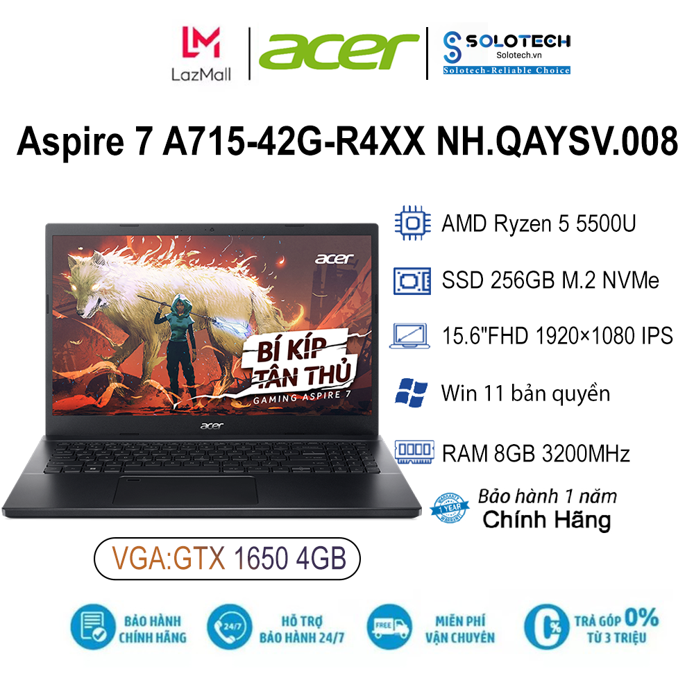 Laptop Acer Aspire 7 A715-42G-R4XX NH.QAYSV.008 R5-5500U| 8GB| 256GB| 15.6"FHD| VGA 4GB| Win11 - Hàng chính hãng new 100%