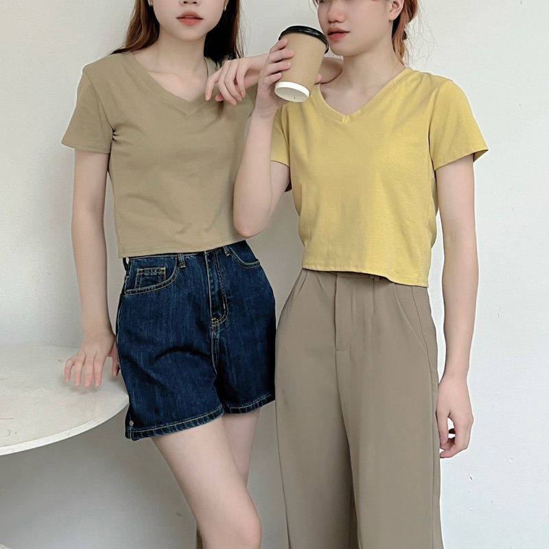 Áo phông nũ cổ v croptop 1 màu a238510