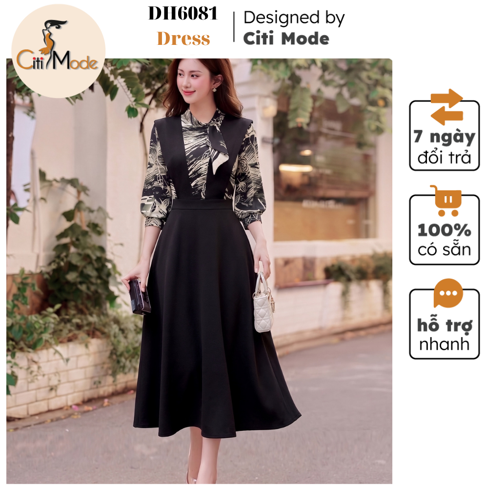 Citi Mode Fashion Office Dress Designed with Black Flared Dress and Bow Collar Pattern, Short Sleeves Dh6081