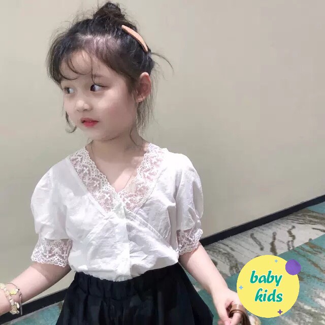 Set nữ chân váy bồng áo sơ mi cổ viền ren điệu đà cho bé gái 10-24kg