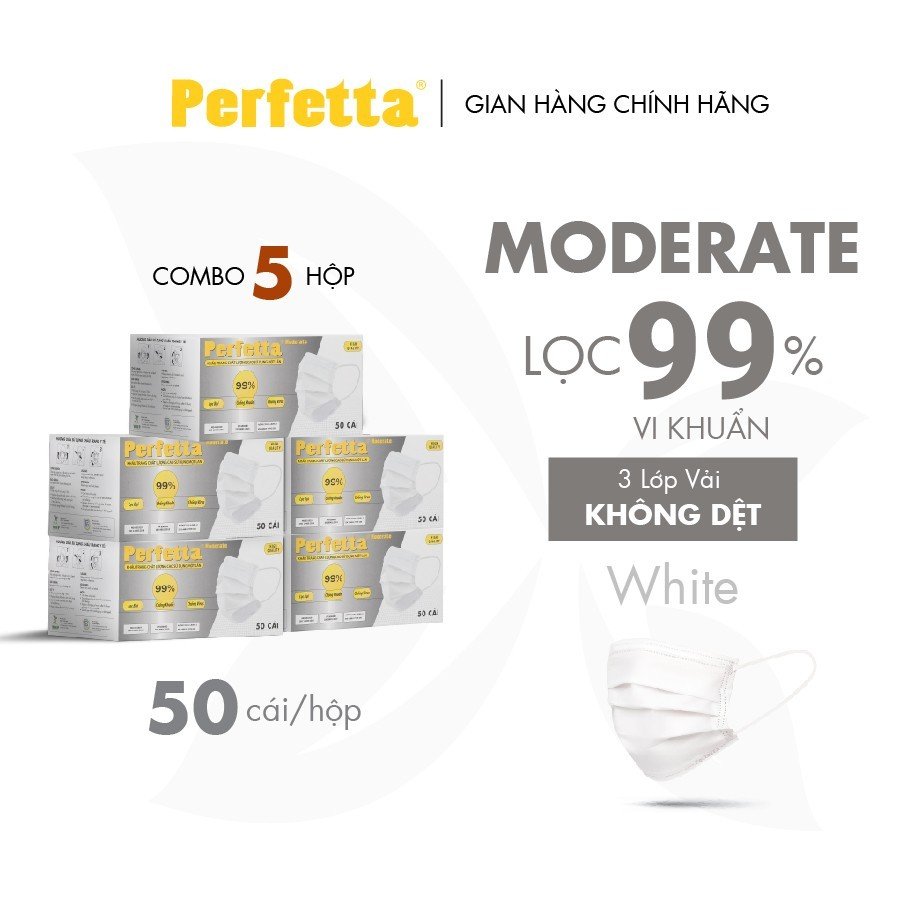 Combo 5 hộp khẩu trang y tế cao cấp perfetta moderate 3 lớp kháng khuẩn