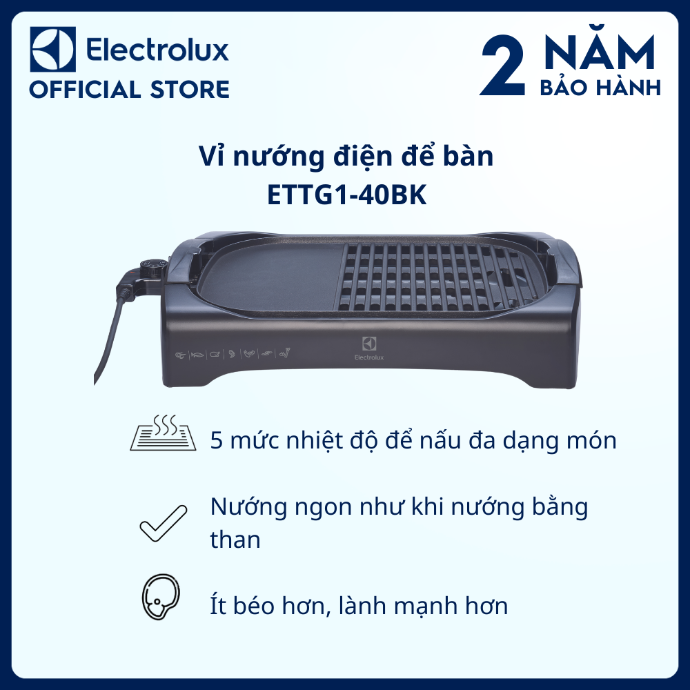 Vỉ nướng điện để bàn Electrolux ETTG1-40BK Nướng than chuyên nghiệp, lành mạnh