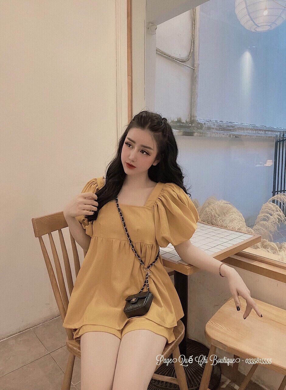 SÉT BỘ ÁO TAY NẮN PHỒNG KIỂU BABYDOLL,QUẦN NGẮN CỰC XINH XẮN ,DIỆN ĐÂU CŨNG XINH,CHẤT VON DÀY MỊN TTSGR
