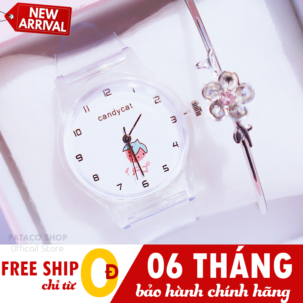 Đồng hồ nữ thời trang Candycat C105 dây nhựa dẻo trong suốt cực bền mặt hình trái dâu tây siêu cute bảo hành 6 tháng