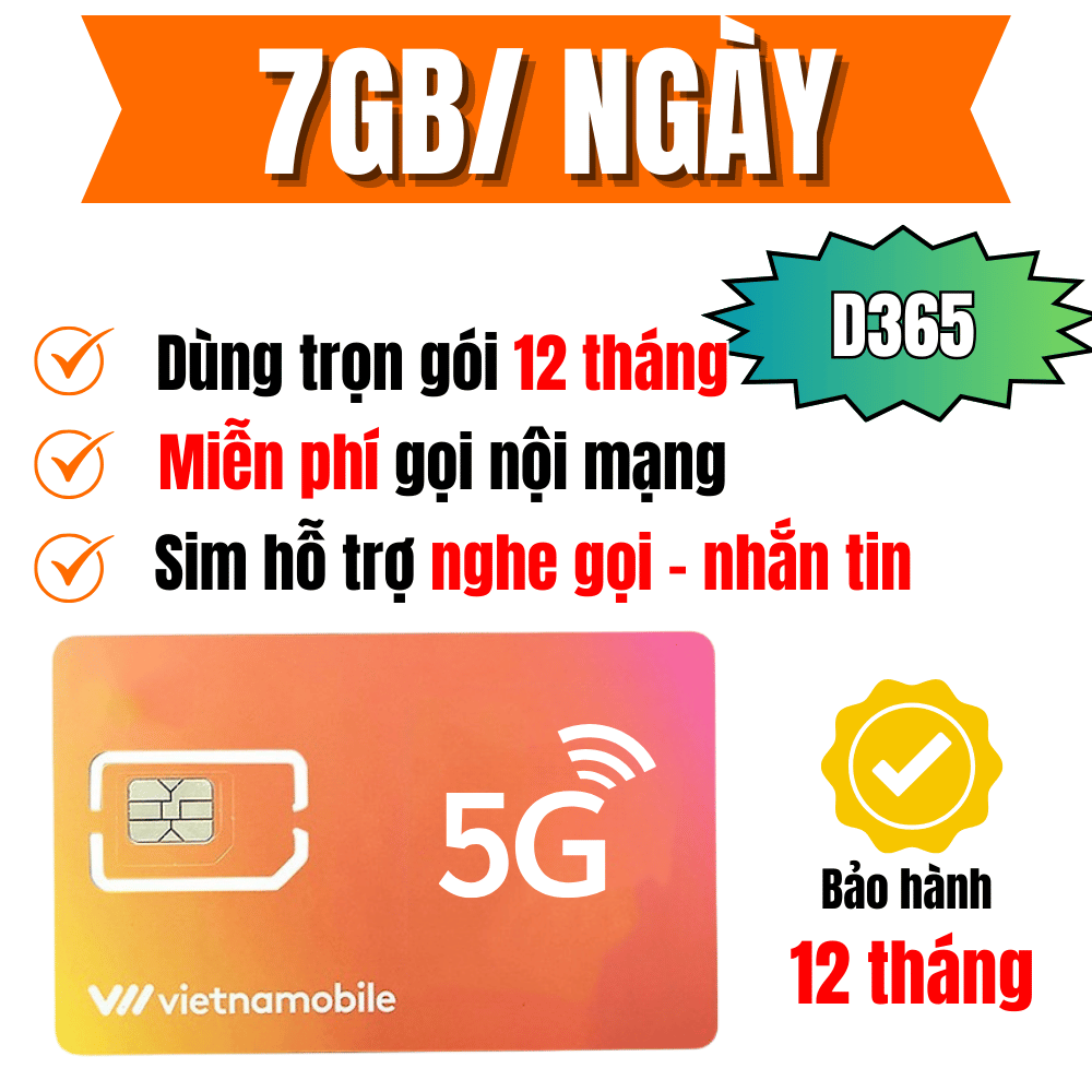 Sim 4G Vietnamobile Gói D365 – Data Khủng 7GB/Ngày ( 210GB/tháng ) – Lướt Web, Xem Phim, Học Online Cực Mượt - FREESHIP - CHƯA KÍCH HOẠT