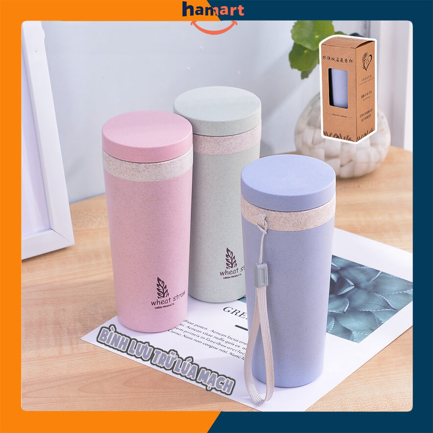 Bình Nhựa Đựng Nước 300ml Bình Nước Mini Nhựa Lúa Mạch Đựng Trà Đựng Cafe Nắp Kín Kèm Quai Đeo