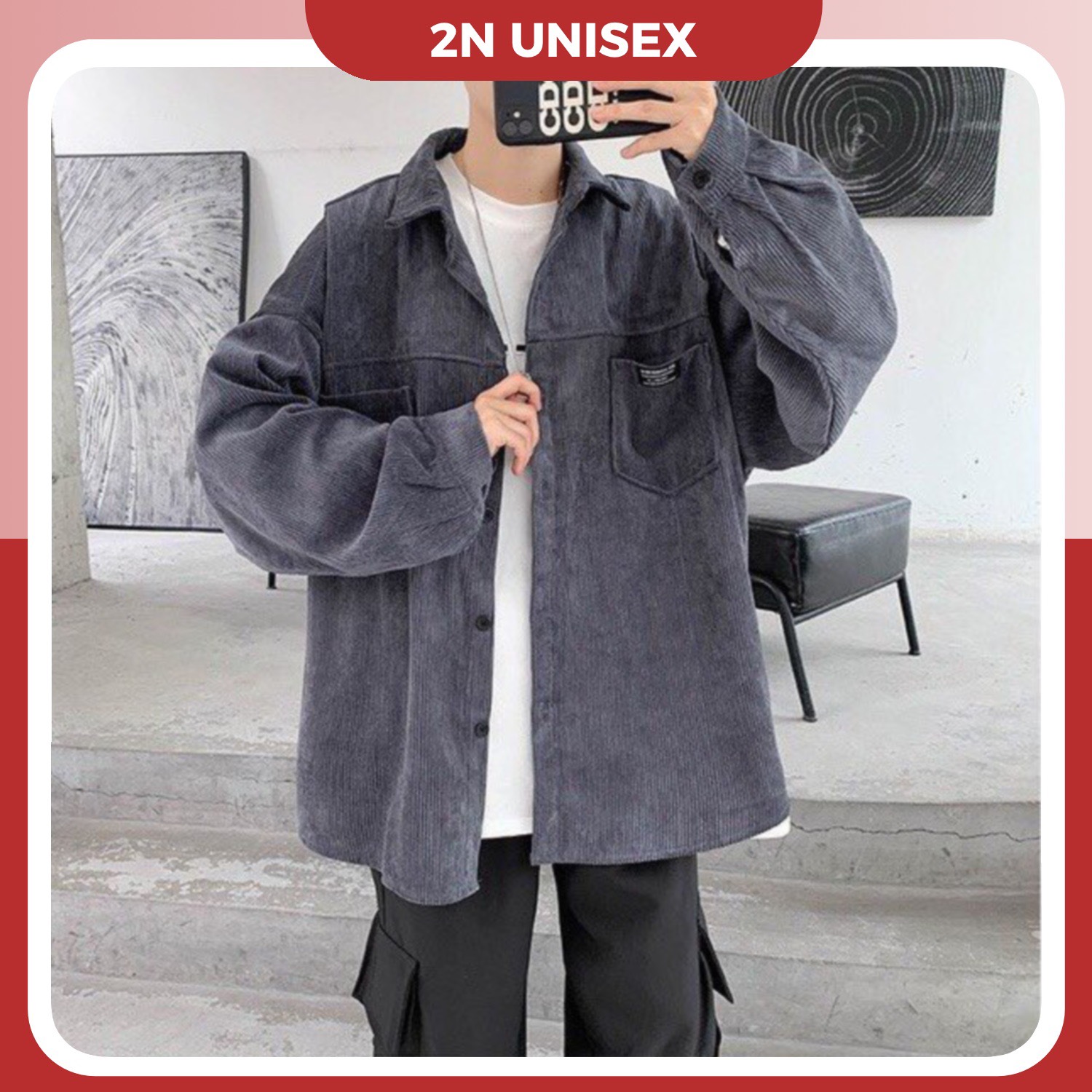 Áo sơ mi nam nữ form rộng 2N Unisex somi khoác ngoài nhung tăm số 3