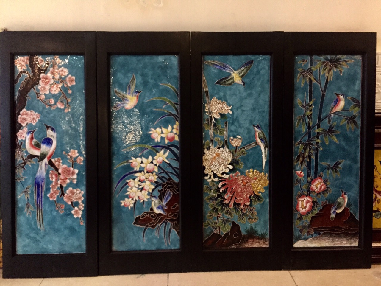 Tranh Pháp lam tứ thời kích thước 28 x 80 cm
