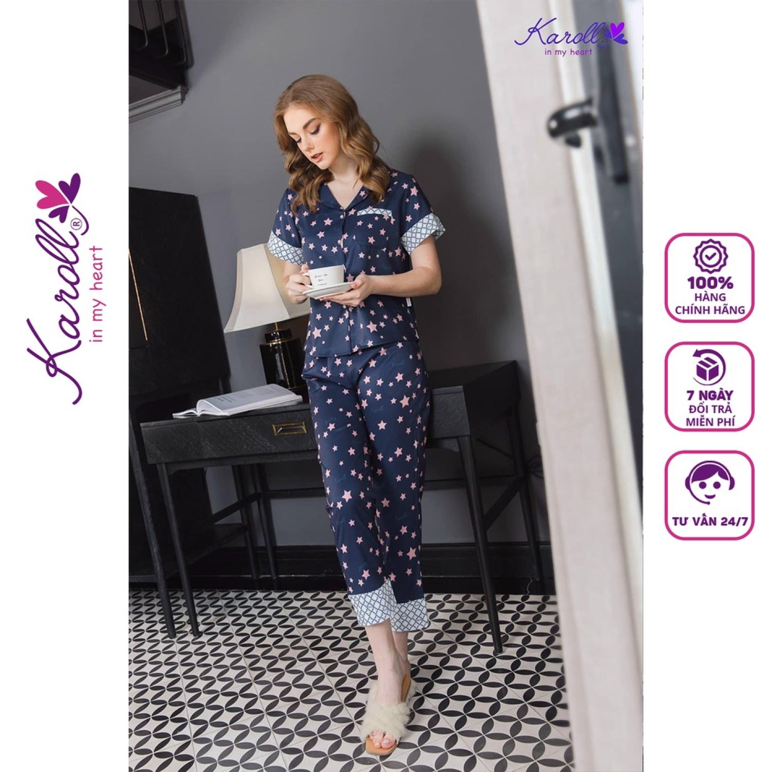 Đồ bộ nữ mặc nhà Jcvcoll - Karoll NH21.139 lụa pizama lụa sao