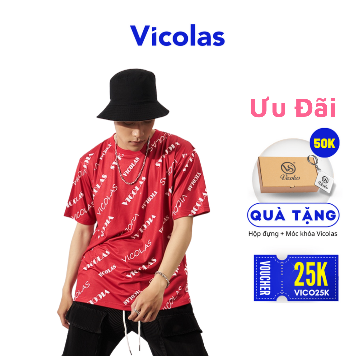 Áo thun unisex nam nữ in chữ - v - vicolas red tee