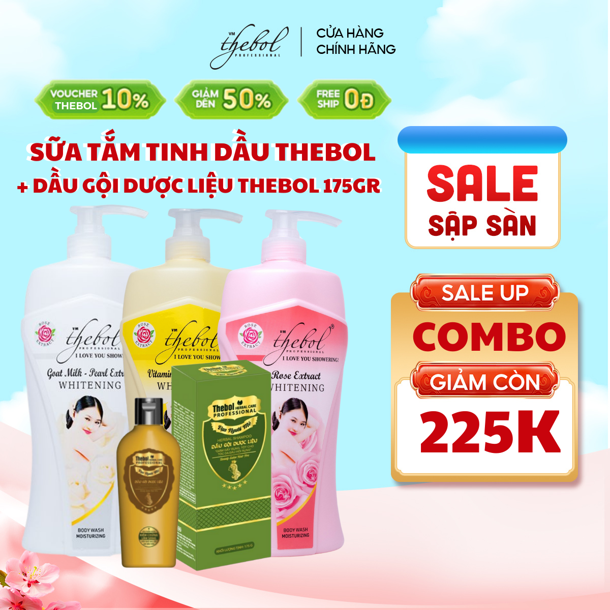 Sữa Tắm Dưỡng Ẩm Sáng Da Thebol Hoa Hồng Tinh Chất Nước Hoa 1200g + Dầu Gội giảm rụng Thebol mượt tóc chiết xuất từ Dược Liệu sạch 175g