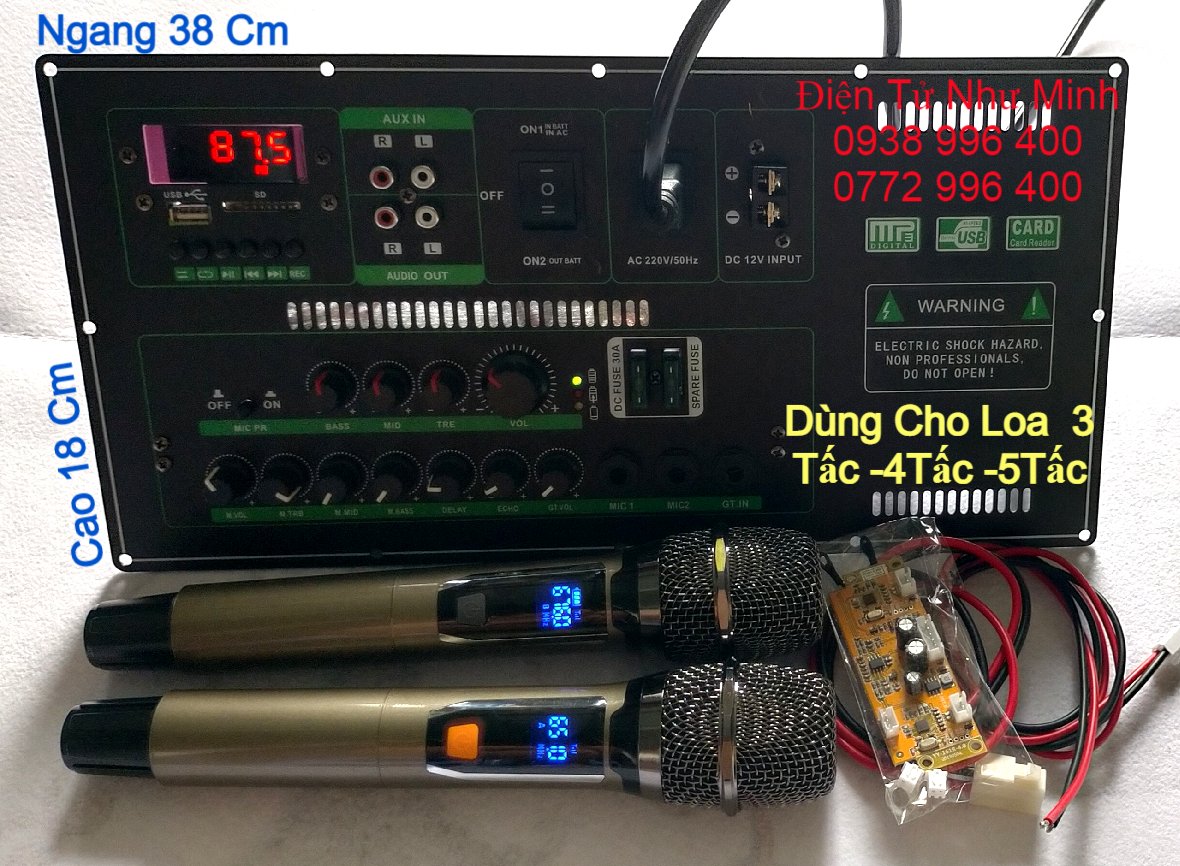 Bộ Mạch Loa Kéo Công Suất Lớn 2 Kênh + Mic Không Dây Chỉnh Tần Số