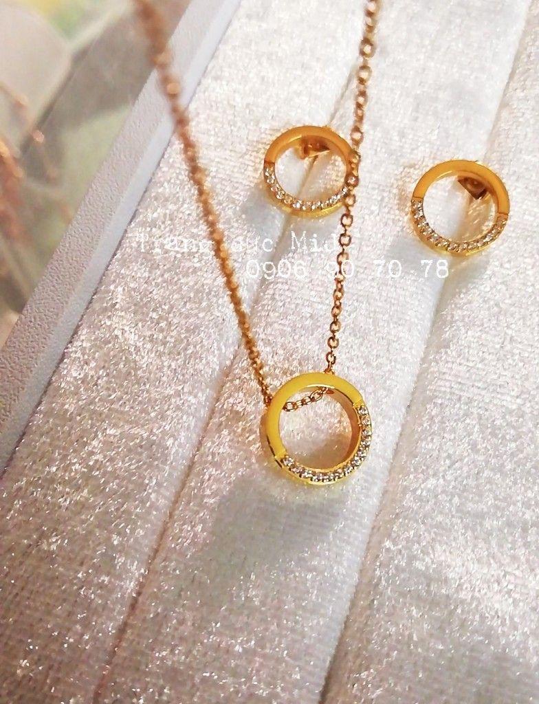 Bộ trang sức titan dây chuyền + bông tai đá nửa vòng tròn