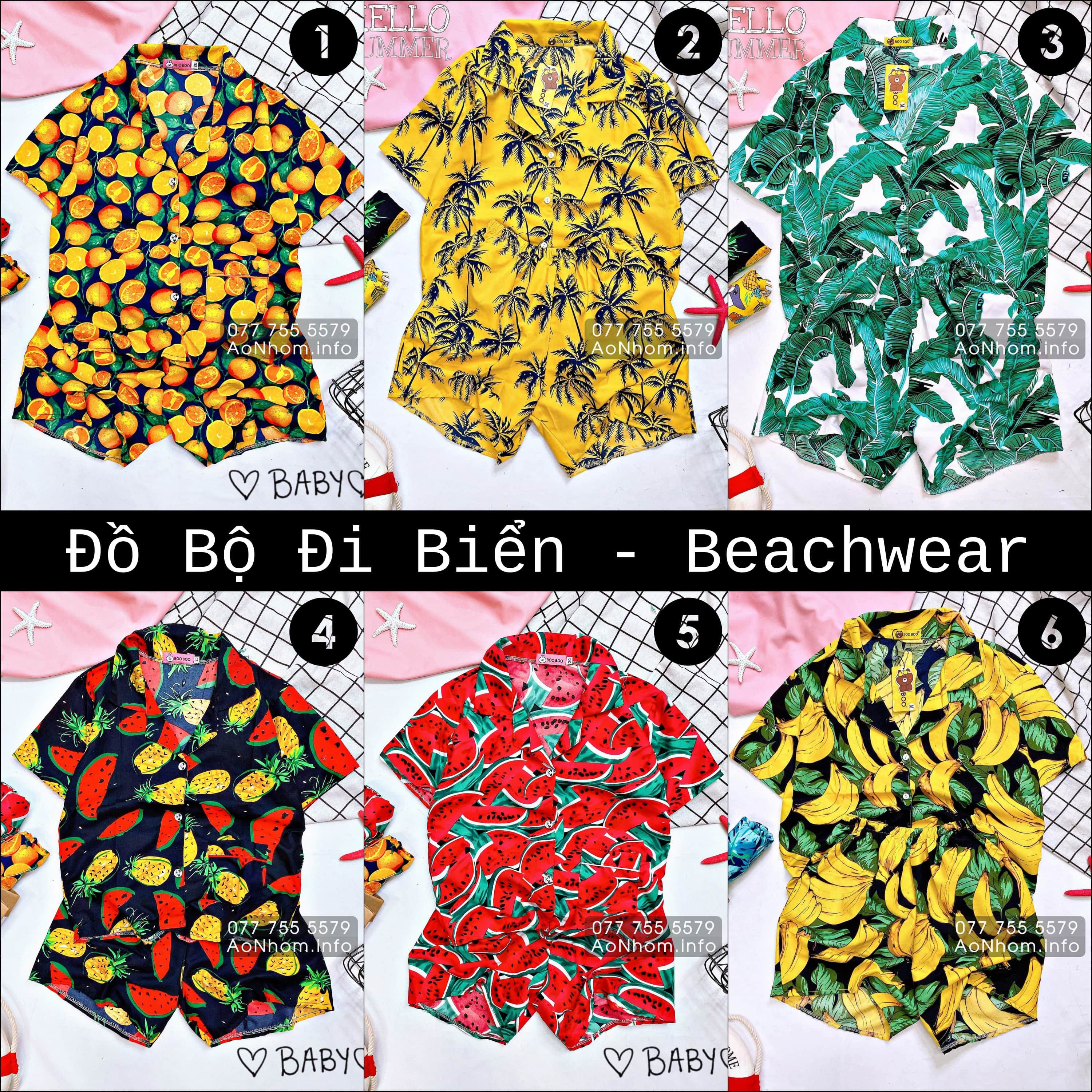 Bộ đi biển vải kate thái - cam chuối thơm dưa hấu cây dừa lá chuối - đồng phục đôi nhóm lớp gia đình team building