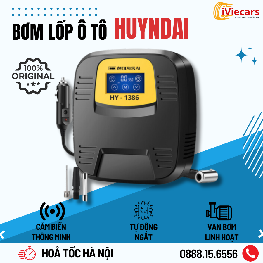 Bơm Lốp Ô tô Hyundai HY Chính Hãng Có Màn Hình Cảm Ứng, Có Đèn Pin, Nguồn Tẩu Giá Rẻ Iviecars nhỏ gọn, tiện lợi
