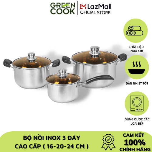 Bộ nồi inox 3 đáy Green Cook GCS08-T1 gồm 3 món (2 nồi 1 quánh) sử dụng được trên bếp từ - Hàng chính hãng greencook