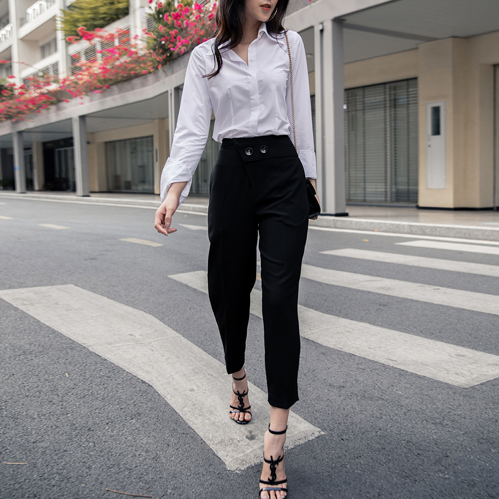 Quần baggy vải 2 nút MASARA màu ĐEN, dáng BAGGY, lưng cao, eo rộng, nhỏ dần xuồng bắp chân tạo cảm giác thọn gọn, giấu bụng, chất COTTON TUYẾT xuất xịn, MỀM RŨ, CO GIÃN NHẸ, KHÔNG NHĂN