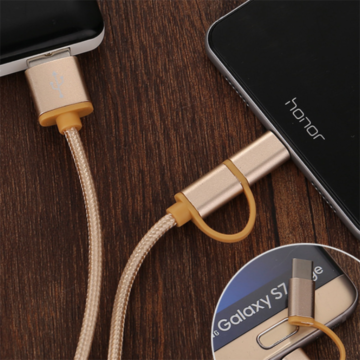 Dây cáp sạc 2in1 dính đầu dây dù hangchinhhangvn cổng MicroUSB TypeC cho điện thoại Android Samsung Oppo