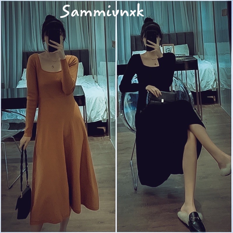 [Lấy mã giảm thêm 30%]Váy dáng xoè cổ vuông dài tay❤️Đầm dáng xoè cổ u nhẹ nhàng❤️