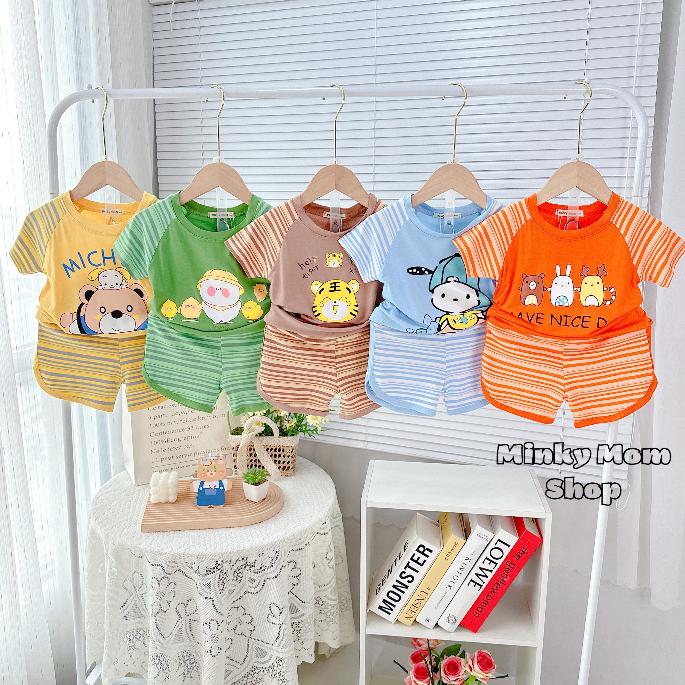 Quần áo đồ bộ trẻ em đồ bộ bé trai bé gái đồ bộ thun lạnh minky mom tay ngắn raglan sọc to nhỏ em ruby