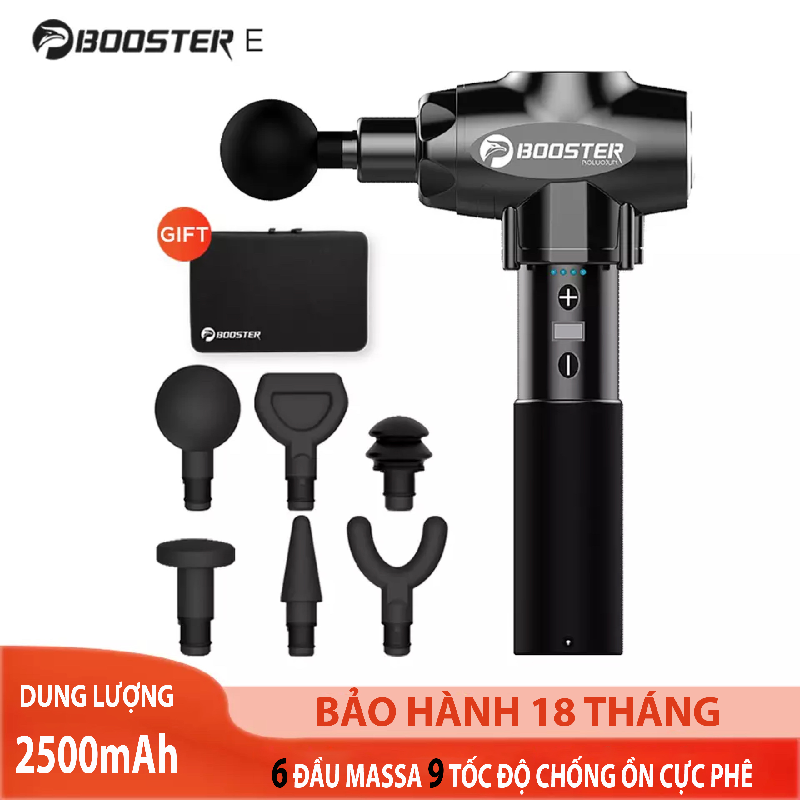 (TẶNG TÚI ĐỰNG) Súng massage cầm tay, Máy massage cầm tay BOOSTER E. Pin 2500mAh sạc 1 lần sử dụng 15 ngày, mỗi ngày 20p, Massa toàn thân với 6 đầu 9 tốc độ massa tùy chỉnh giảm đau căng cơ, thư giãn cơ