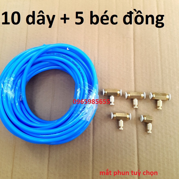 ống dây phun sương 8mm kèm 5 béc phun sương đồng thau, dây phun sương và béc phun sương làm mát tưới lan