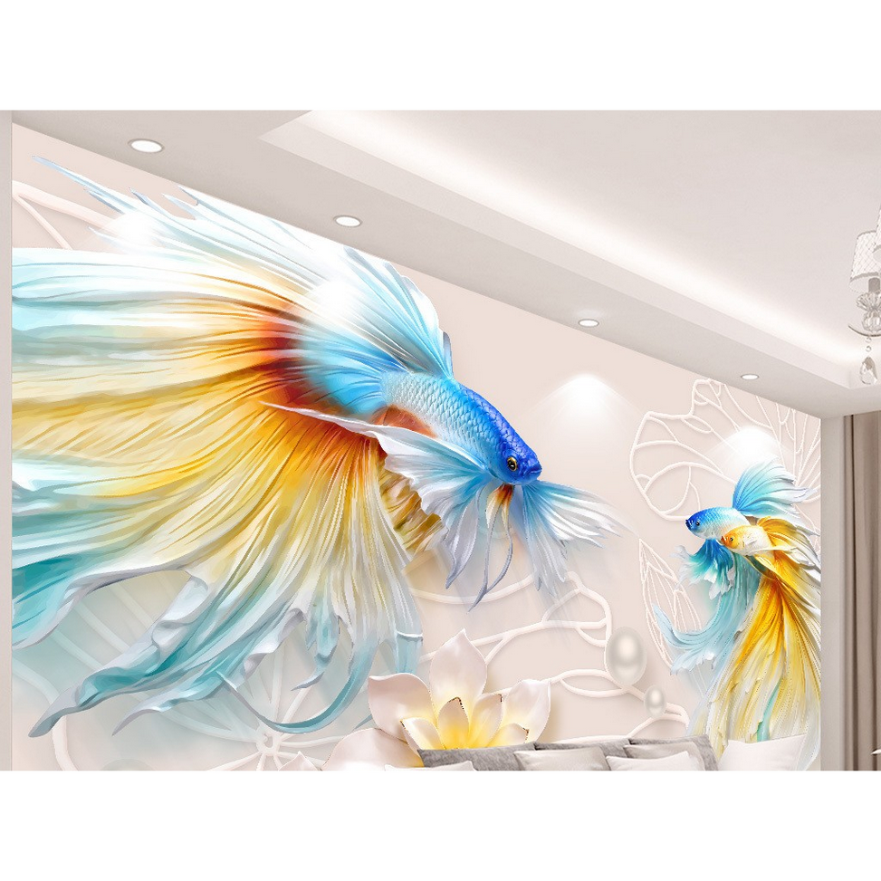 Tranh dán tường 3D phong thủy đôi cá tài lộc phú quý có sẵn keo dán DN29