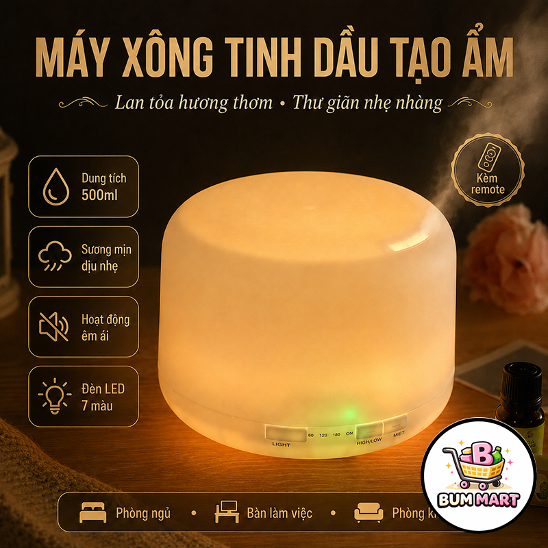 Máy Phun Sương Tạo Hương Thơm Dung Tích 500ml, Máy Khuếch Tán Tinh Dầu Đèn LED 7 Màu Có Hẹn Giờ