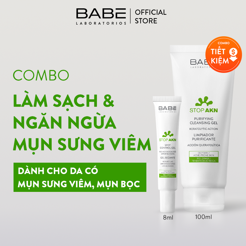 Bộ đôi sữa rửa mặt babe stop akn purifying cleansing gel 100ml x gel chấm mụn babé stop akn spot control gel 8ml
